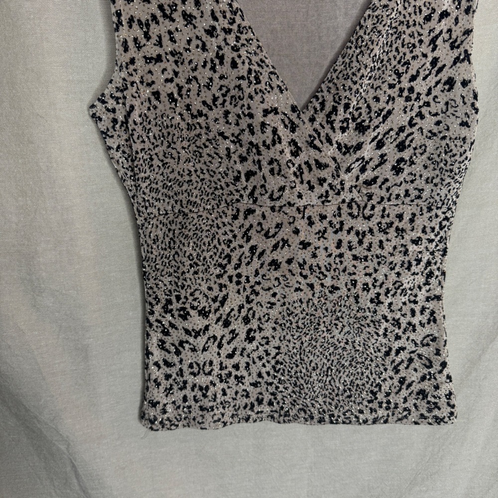 Y2K Leopard Print Metallic Gold Glitter V-Neck Tank Top Sleeveless Vintage - Picture 2 of 6